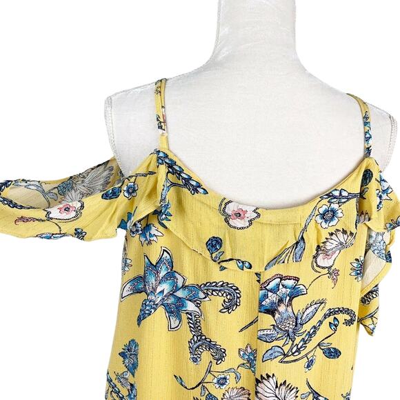 Love, Fire Dress XL Ruffle Strap Yellow Blue Floral Cold Shoulder V Neck Lined - Picture 4 of 11